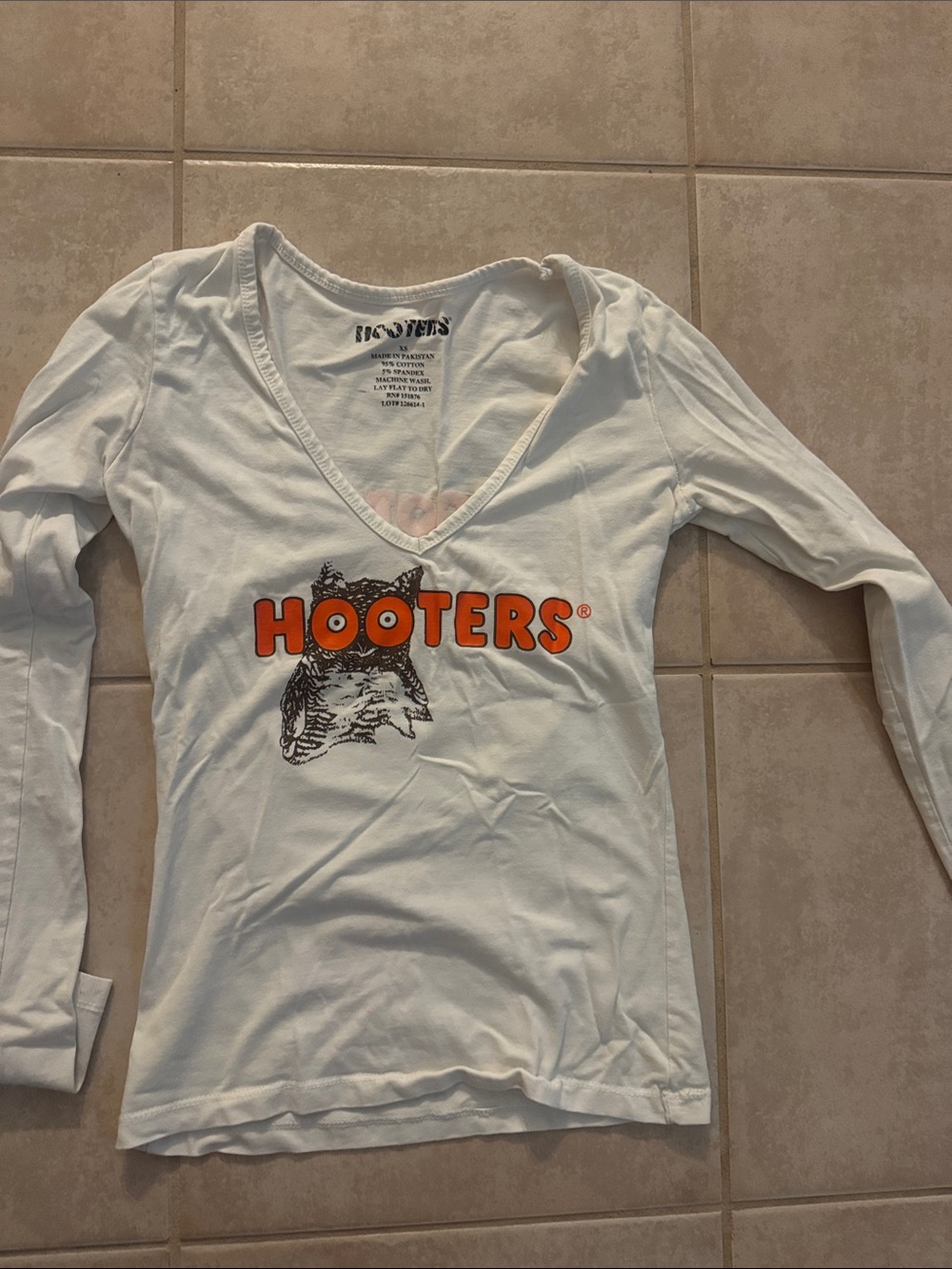 Hooters White Long Sleeve V-Neck Tee with Orange Logo